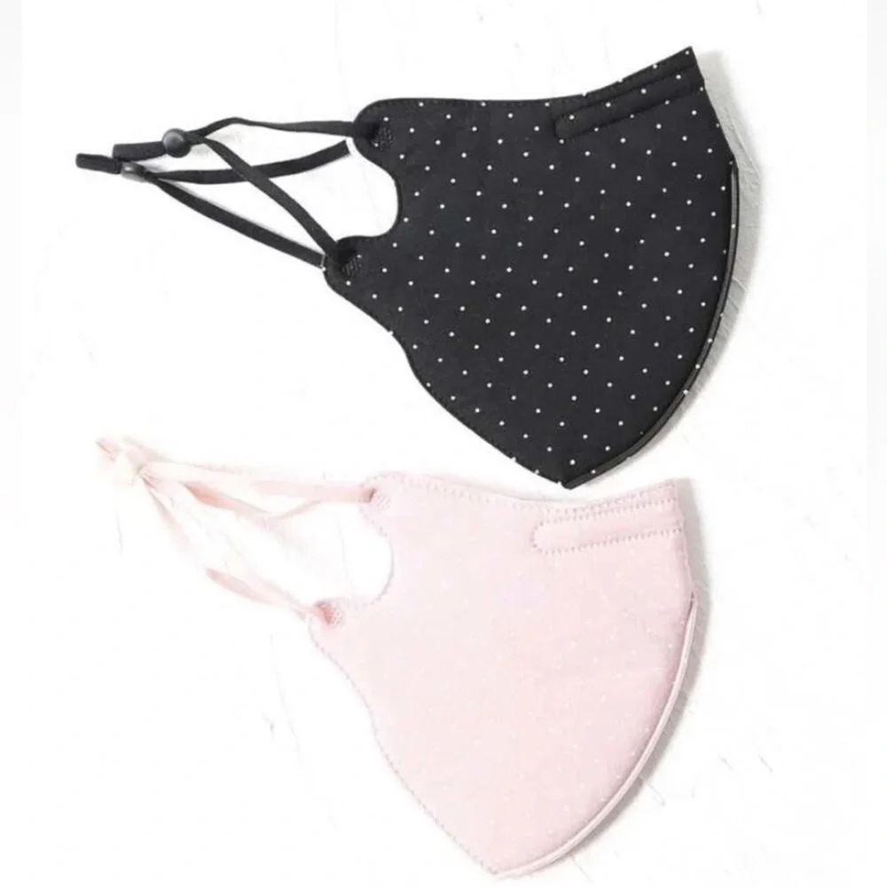 Reusable Fabric Face Mask Set of 2 : Black & Pink Polka Dot Washable Adult NEW